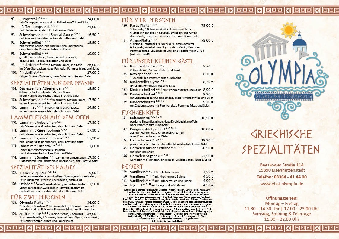 Restaurant Olympia Speisekarte